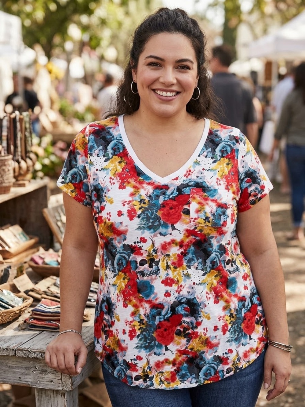 Torrid Plus Size 1 Floral Sugar Skull V-Neck Pocket Tee T-Shirt White Red Blue